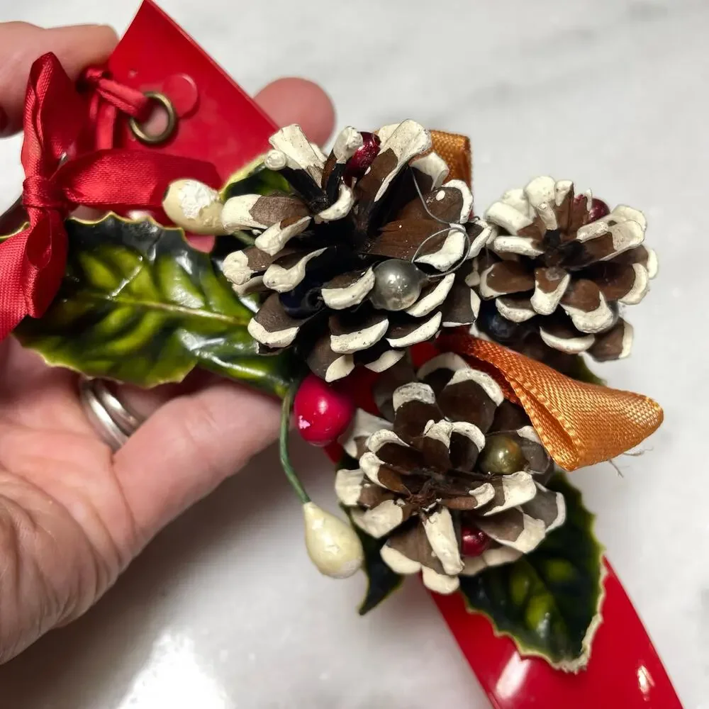 Vintage Sleigh Bell Door Hanger Red Vinyl Strap Jingle MCM Christmas Pinecones
